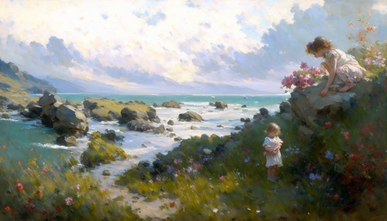 Tranquil seascape with girls on rocky outcrop, wildflowers, luminous sky