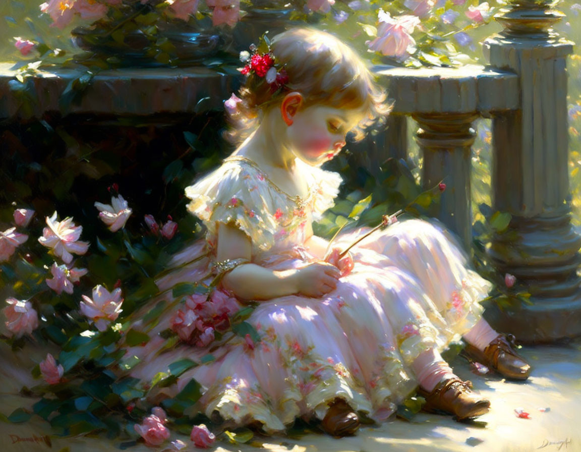 Young girl in white dress surrounded by blooming flowers in serene painting