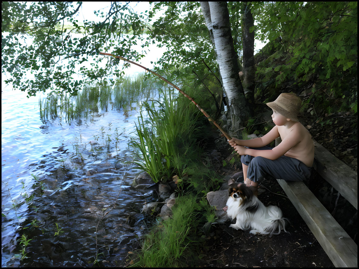 Child Fishing on Wooden Dock with Dog by Lake in Greenery