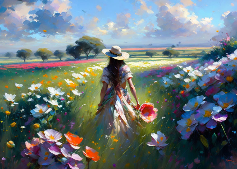 Woman in Hat and Dress Walking in Vibrant Flower Field under Cloudy Sky