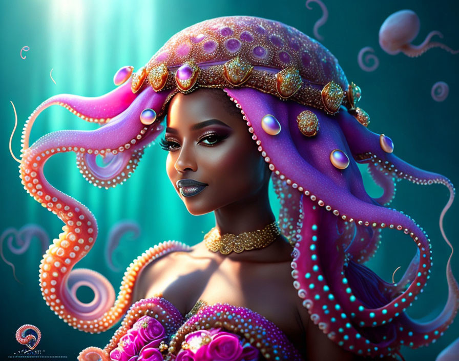 Digital Artwork: Woman with Octopus Traits and Purple Tentacles, Sea Background with Jellyfish