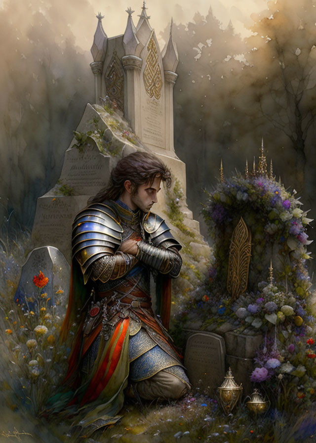 Knight in full armor kneeling at grave in misty forest with gothic spires.