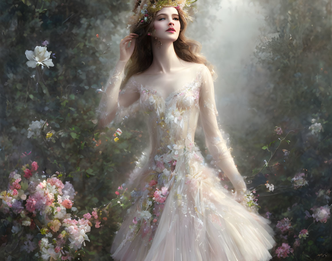 Woman in floral gown surrounded by misty flowers in fairytale landscape