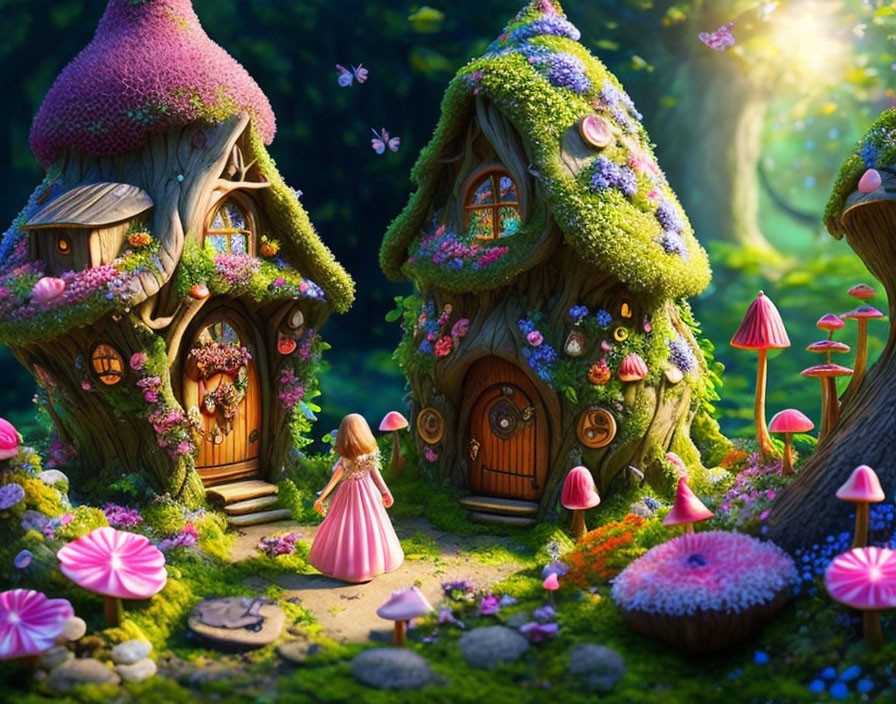 Whimsical scene: small girl in pink dress near fantasy cottages.