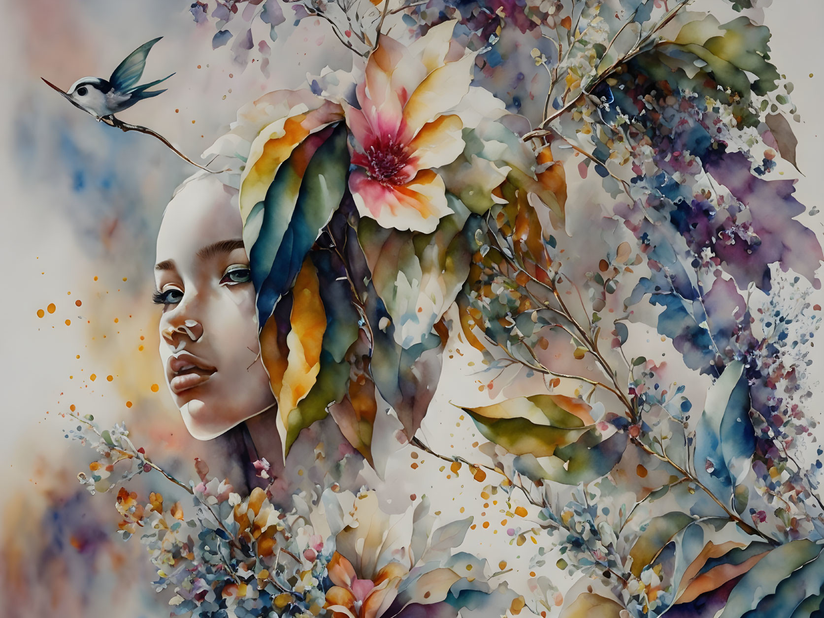 Woman's profile with vibrant floral elements and bird in watercolor illustration