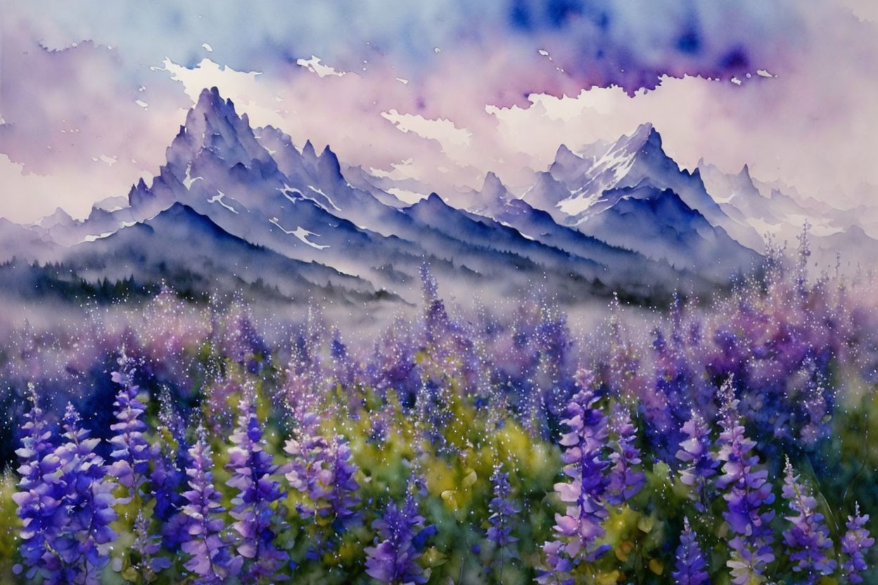 Mountain landscape with purple flowers in watercolor