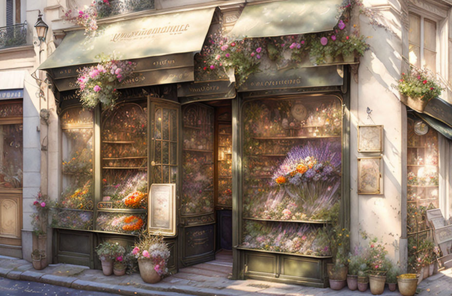 Quaint flower shop with blooming displays and elegant signage