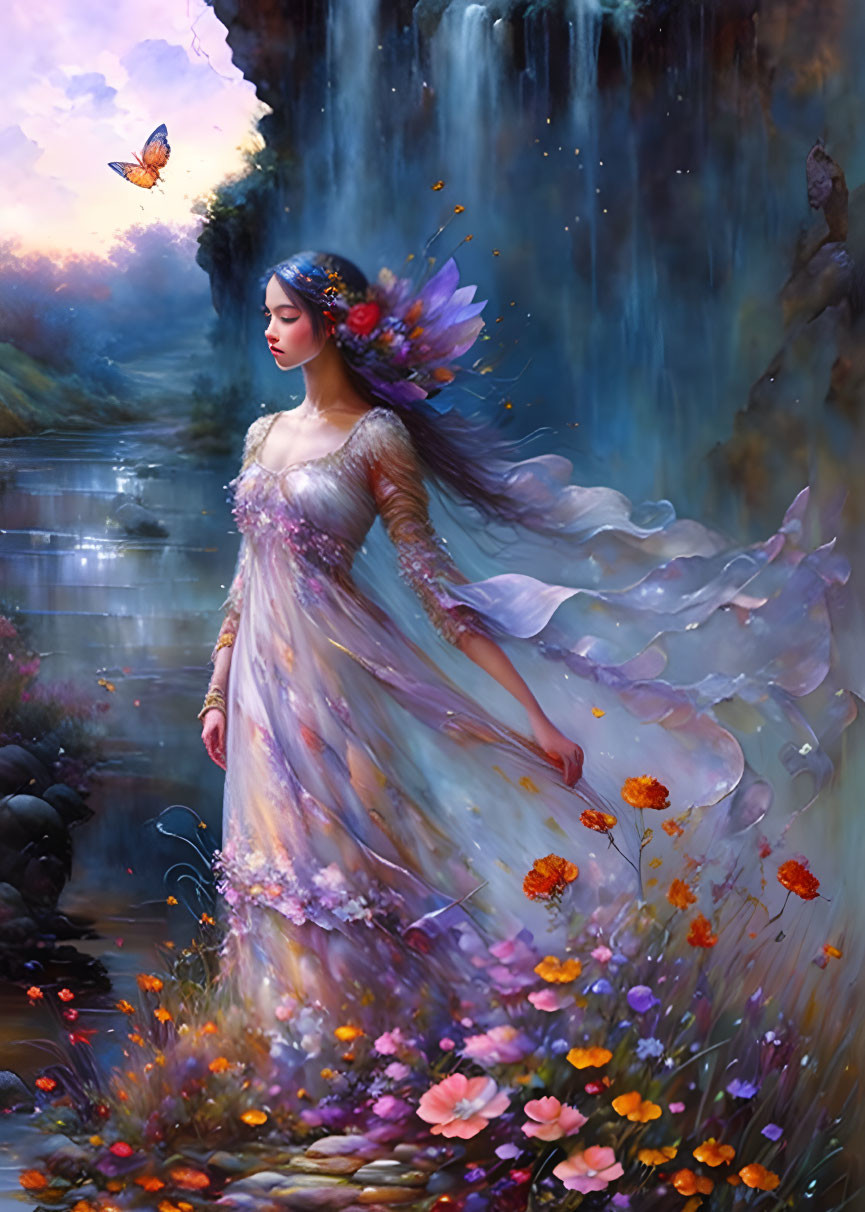 Fantasy woman with butterfly wings in vibrant floral scene
