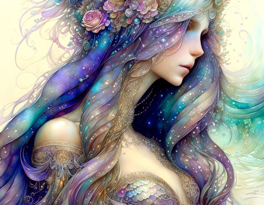 Woman with Cosmic-themed Hair and Floral Adornments