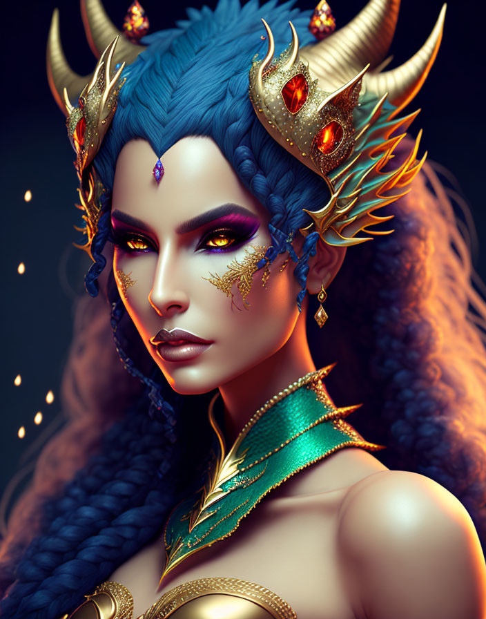 Female fantasy character with blue hair, horns, gold headgear, dramatic makeup, and choker in