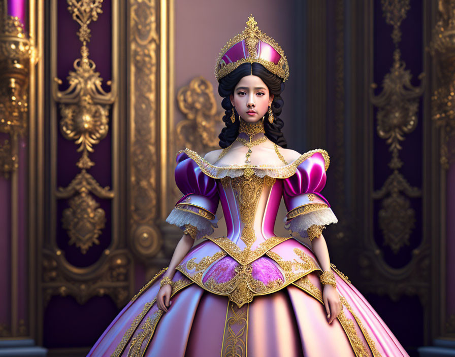 Regal woman in pink and purple gown with gold embroidery on luxurious background