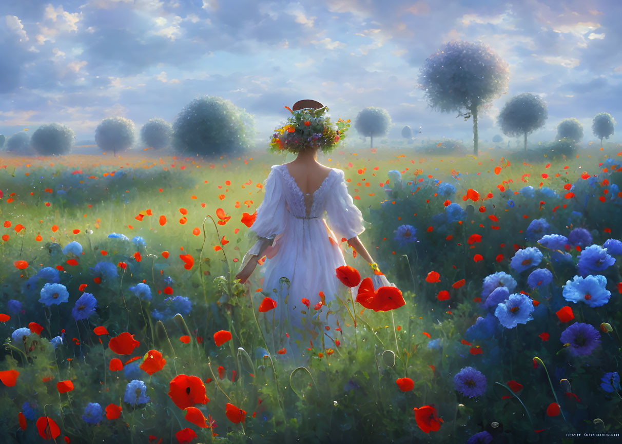 Woman in white dress surrounded by red poppies and blue flowers in dreamy landscape