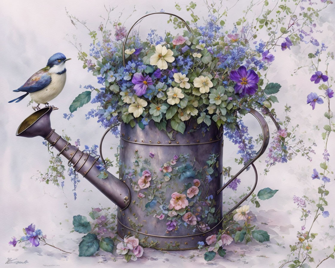 Colorful Bird Perched on Vintage Watering Can with Flowers