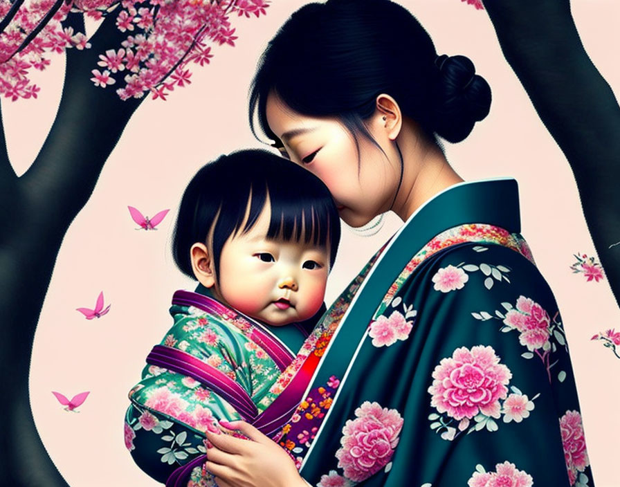 Digital illustration: Woman in floral kimono with child, cherry blossoms, butterflies.