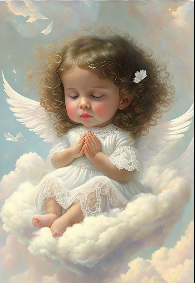 Young angelic child in prayer on cloud with doves in serene sky