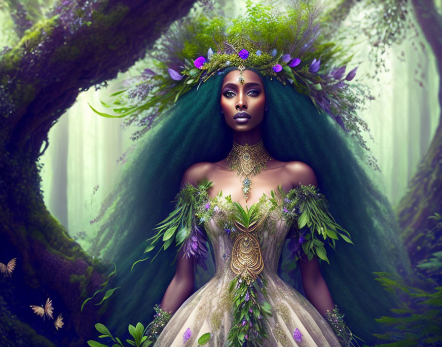 Mystical woman with leafy crown in surreal forest