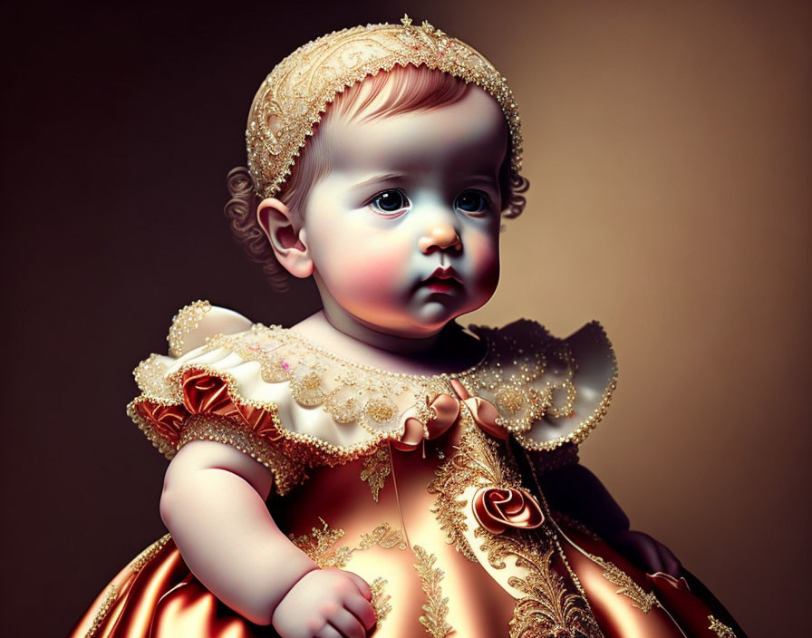 Digital illustration of baby in ornate golden dress with curly hair