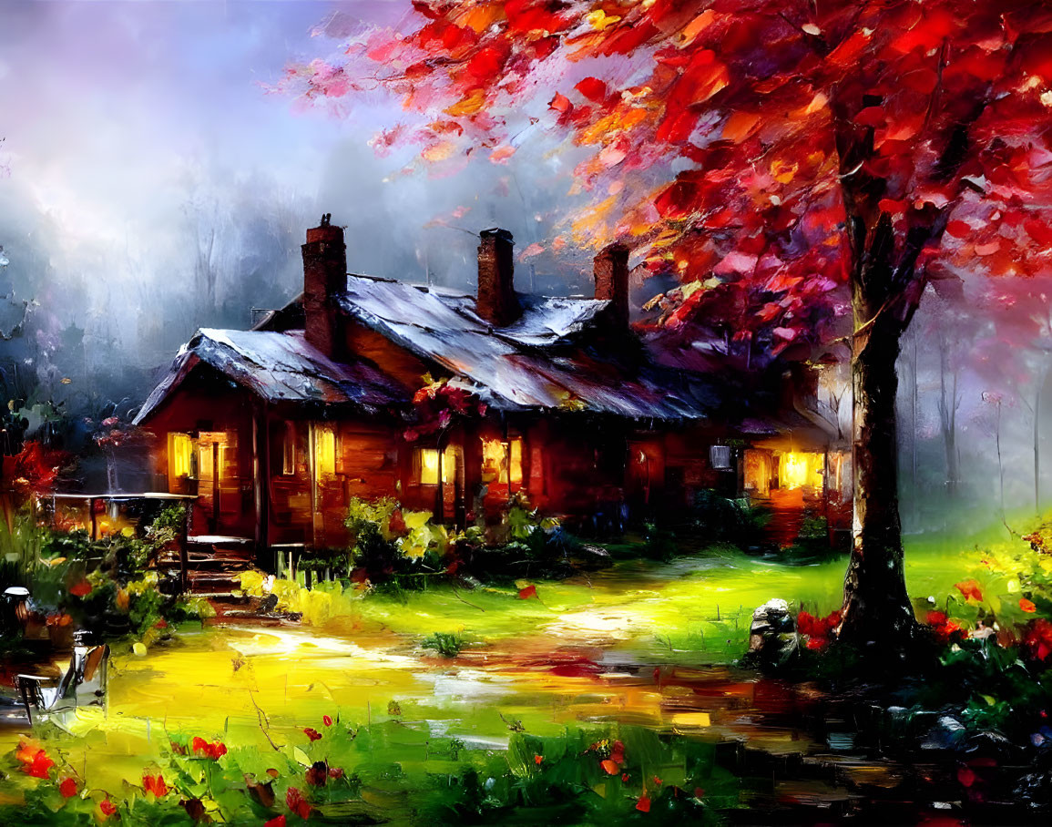 Autumn-themed painting of cozy cottage with red tree and snow-covered roof