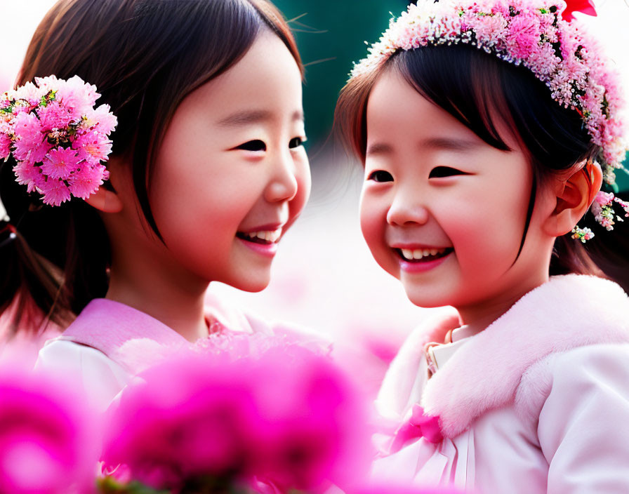 Two Smiling Young Girls in Pink Dresses with Floral Headbands