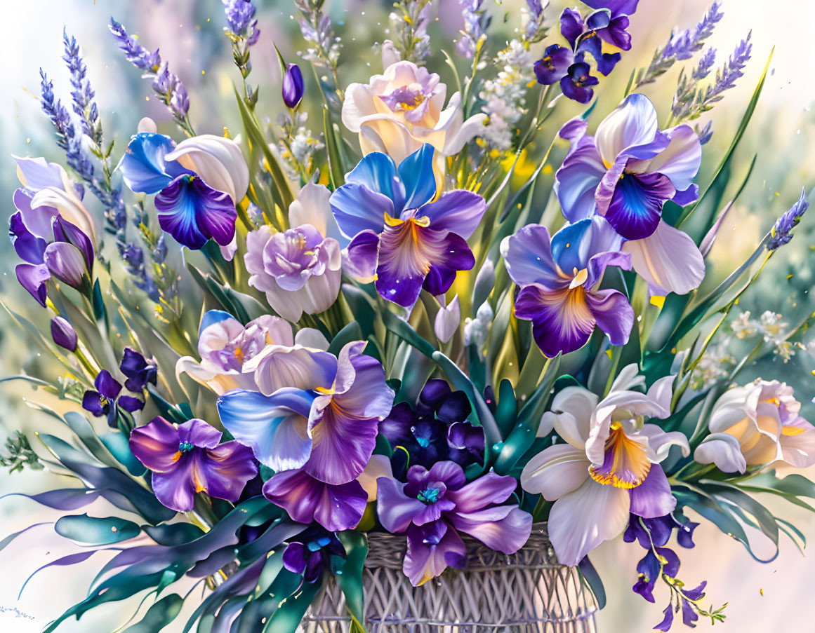 Purple and Blue Flower Bouquet with Green Foliage in Basket