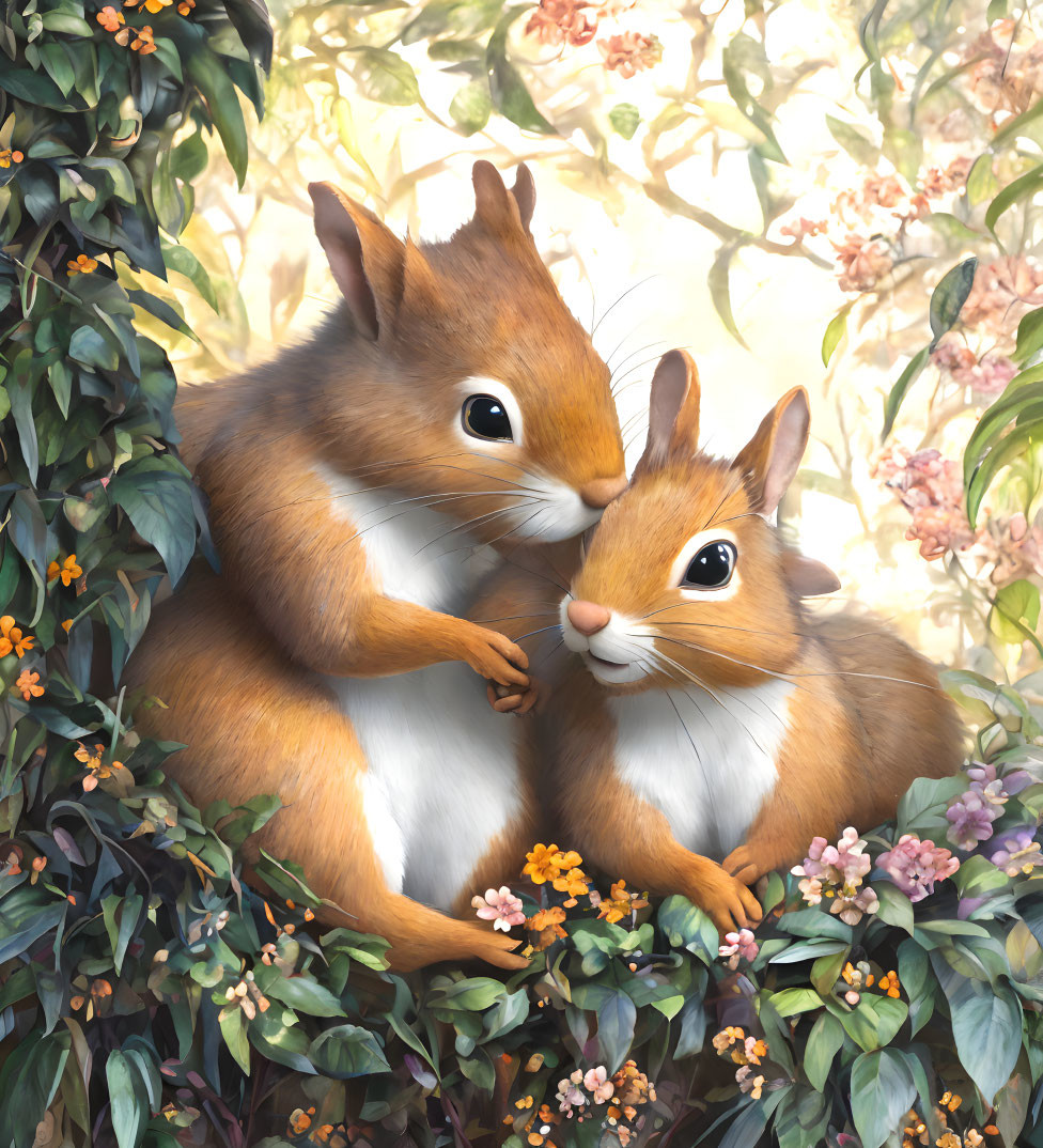 Cartoon squirrels surrounded by colorful flowers and greenery