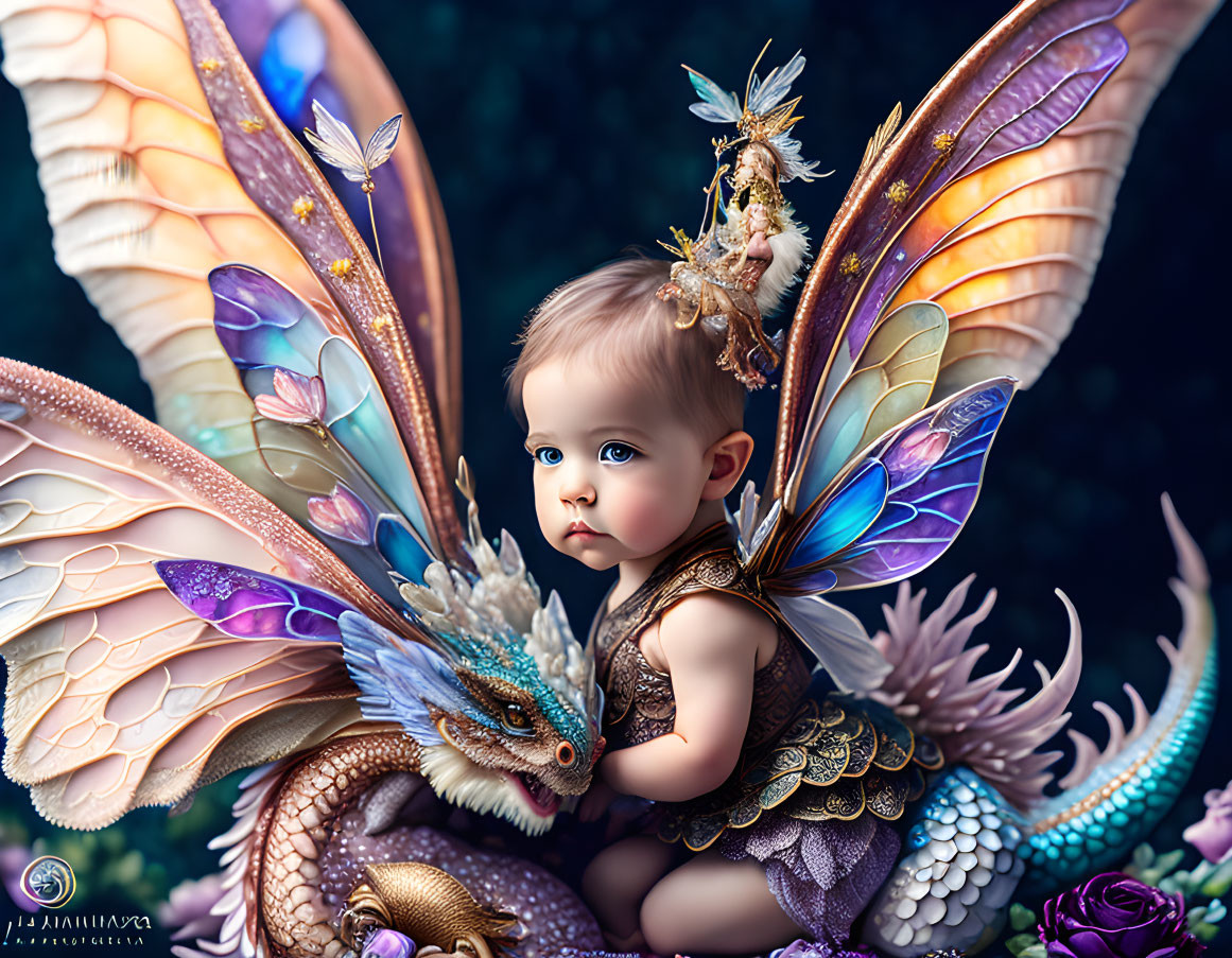 Baby with angelic wings and dragon in vibrant flower setting.