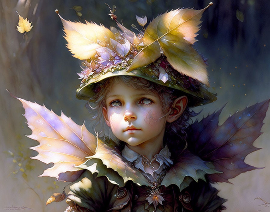 Child with Elven Features in Leafy Hat and Wings Amidst Glowing Light