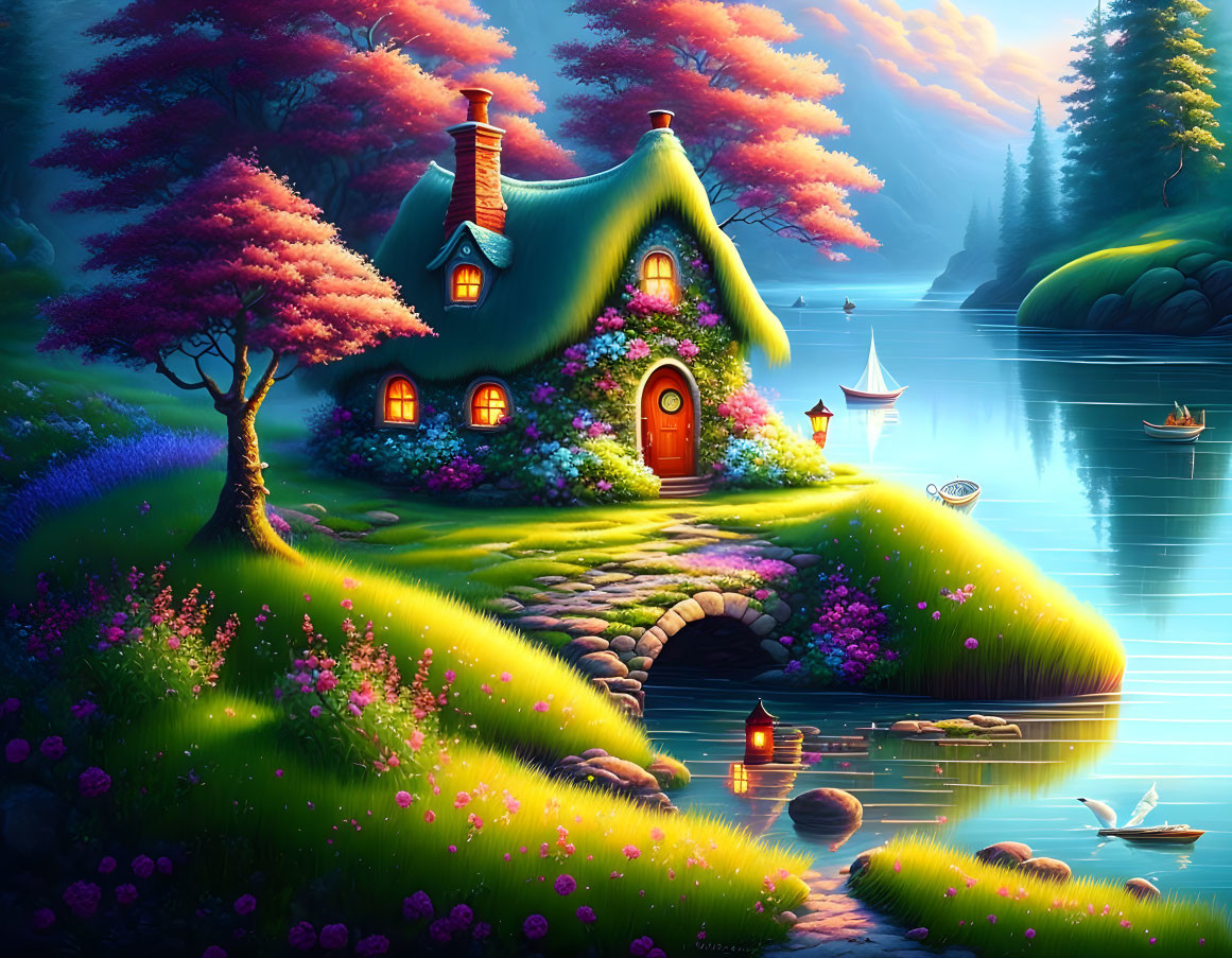 Thatched Roof Fantasy Cottage by Pink Trees and Lake