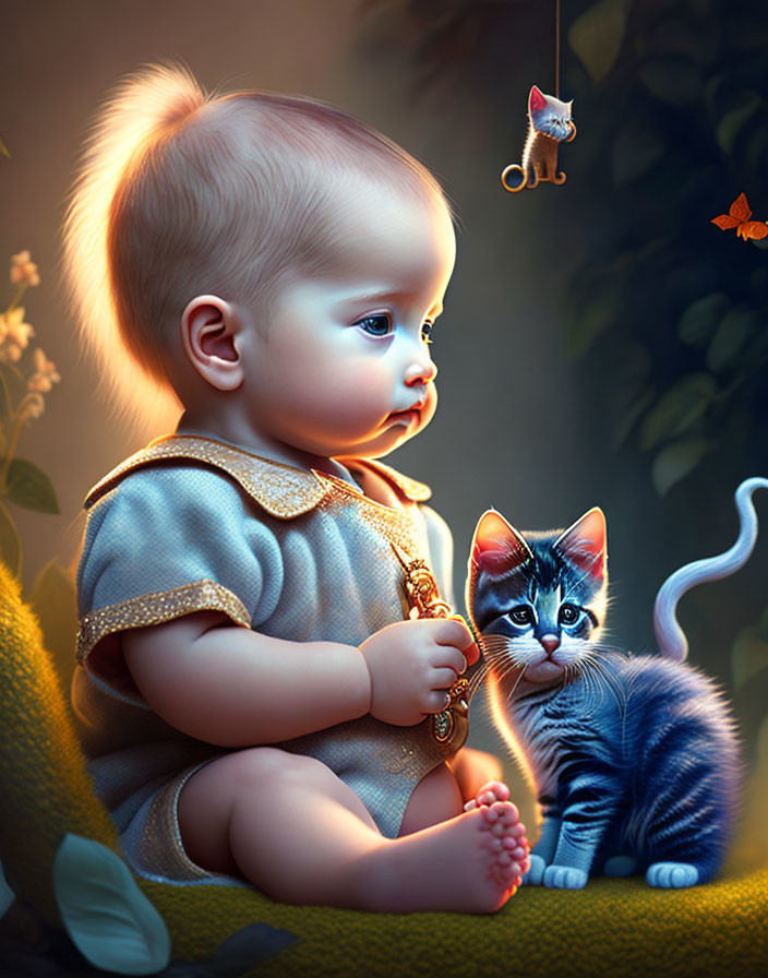 Infant in golden outfit with butterfly, curious kitten, warm light, and toy mouse.