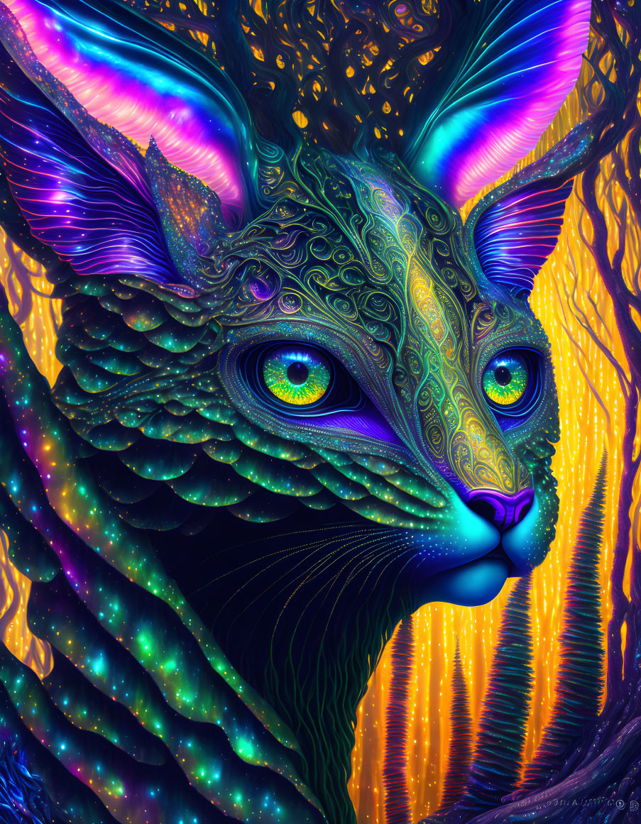 Vibrant digital artwork: mystical cat with luminous eyes & intricate patterns