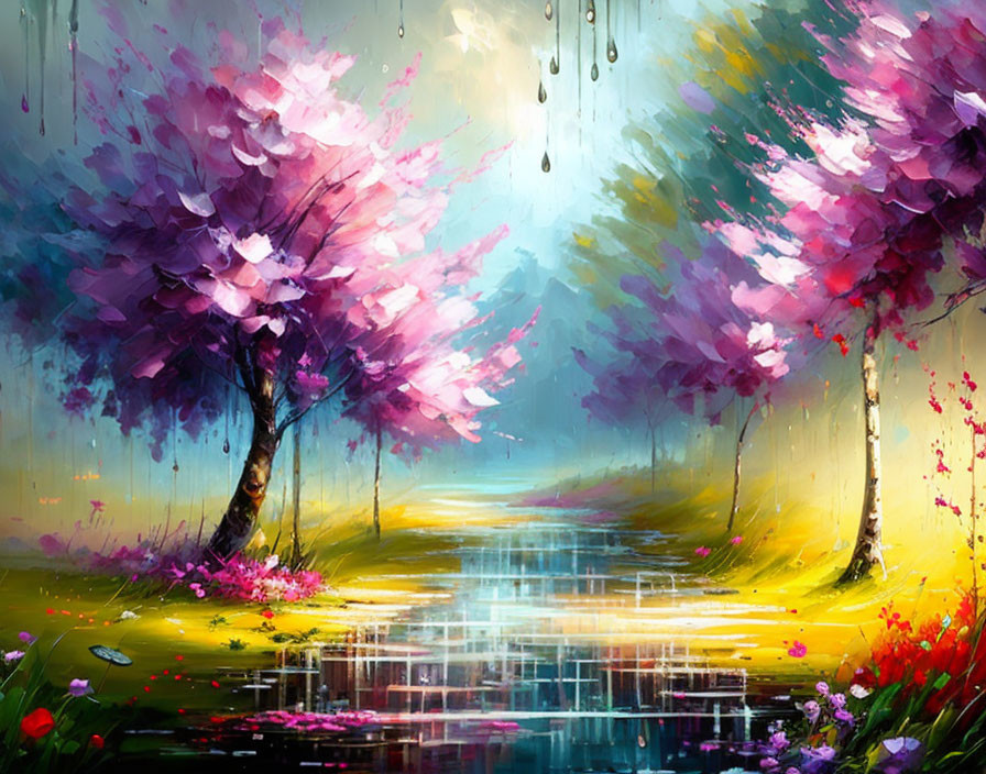 Vibrant Cherry Blossom Trees Painting with Reflective Water