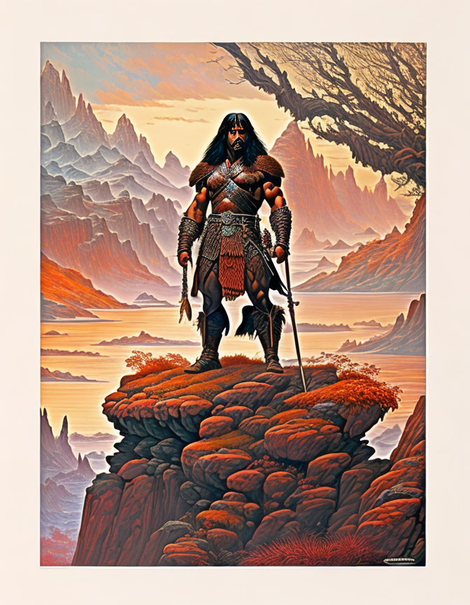 Fantasy warrior with spear on rocky outcrop in dramatic landscape