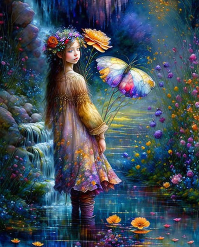 Young girl in floral headpiece surrounded by butterflies and glowing flowers in mystical forest.