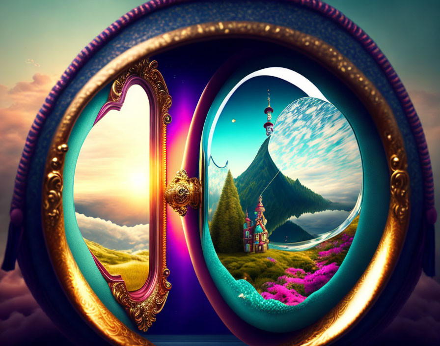 Contrasting fantasy landscapes in circular frame