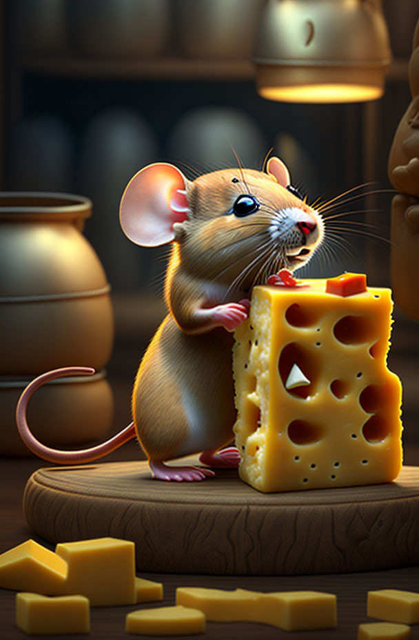 Mouse enjoying cheese in cozy room with pottery background