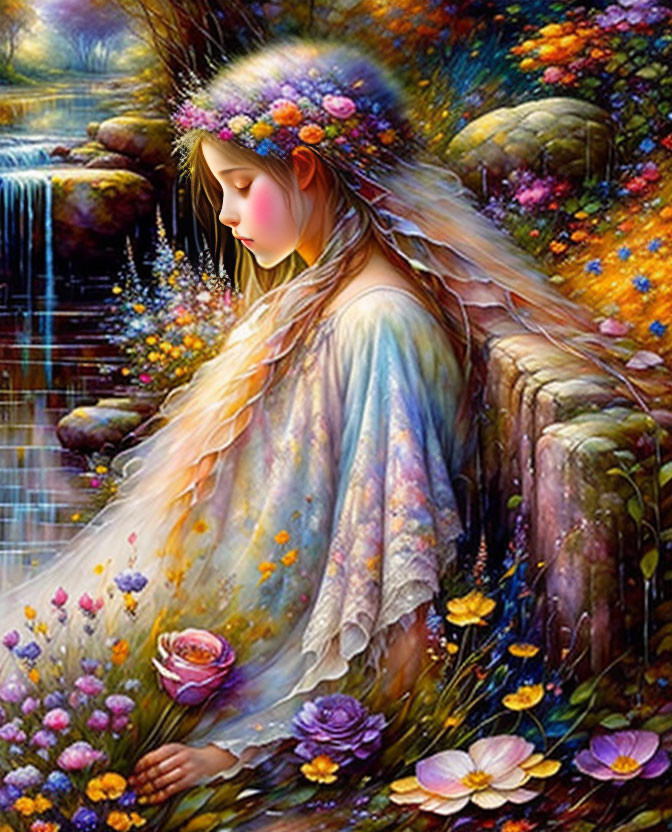 Young girl with floral wreath by colorful brook and waterfall