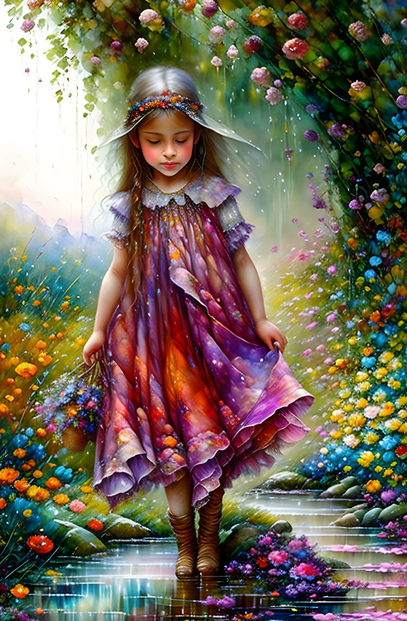 Young girl in colorful dress surrounded by vibrant flowers and light streaming above