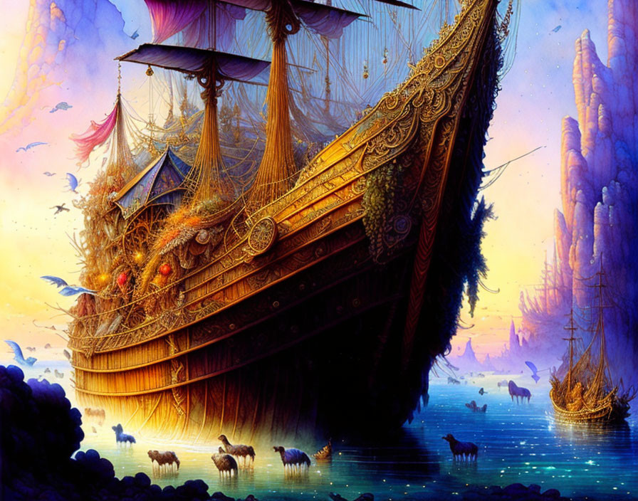 Golden ornate ship grounded near purple cliffs with wading sheep and colorful sky