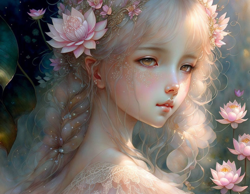 Delicate young girl with flower accessories in digital art