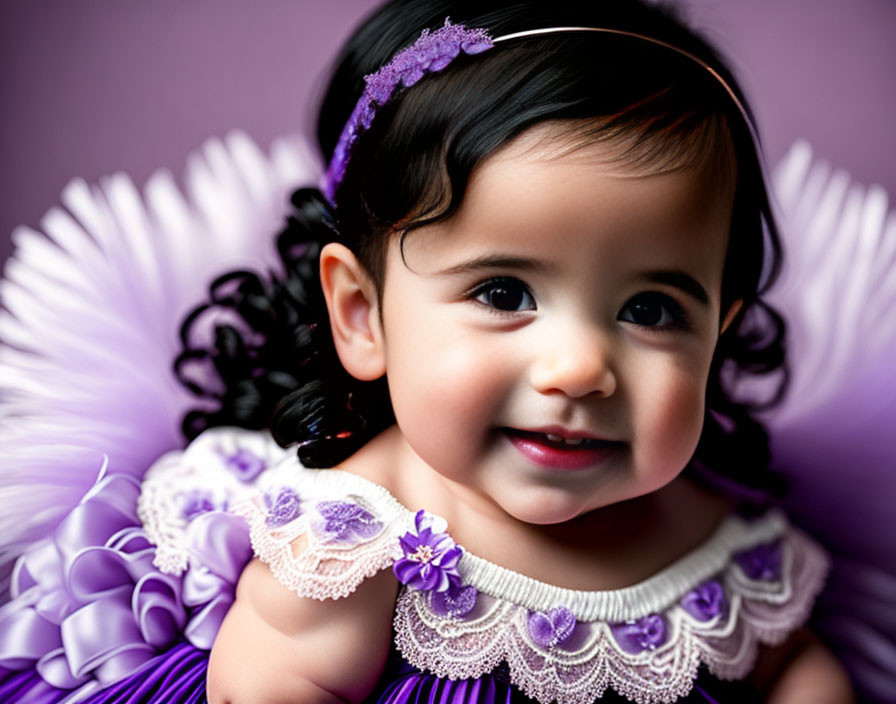 Smiling toddler in purple dress and headband on purple backdrop