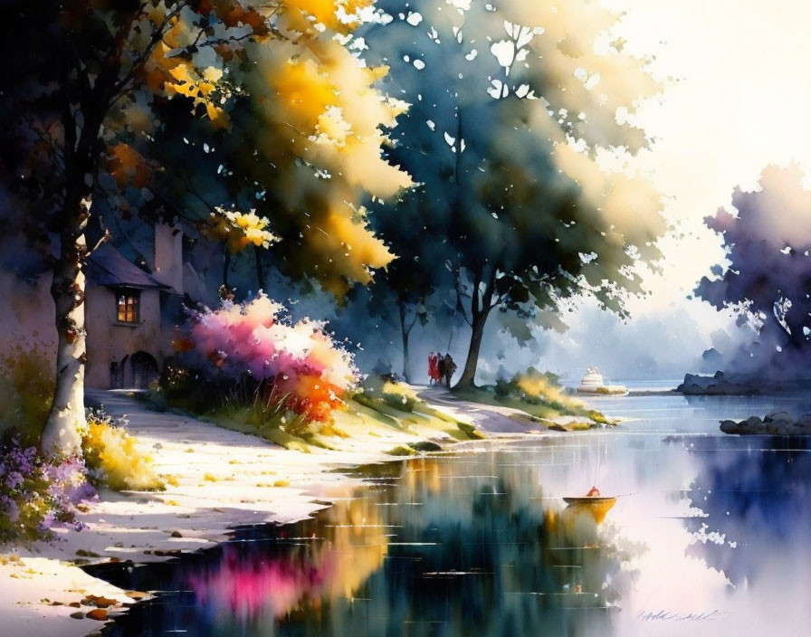 Serene riverside watercolor with lush trees and figures