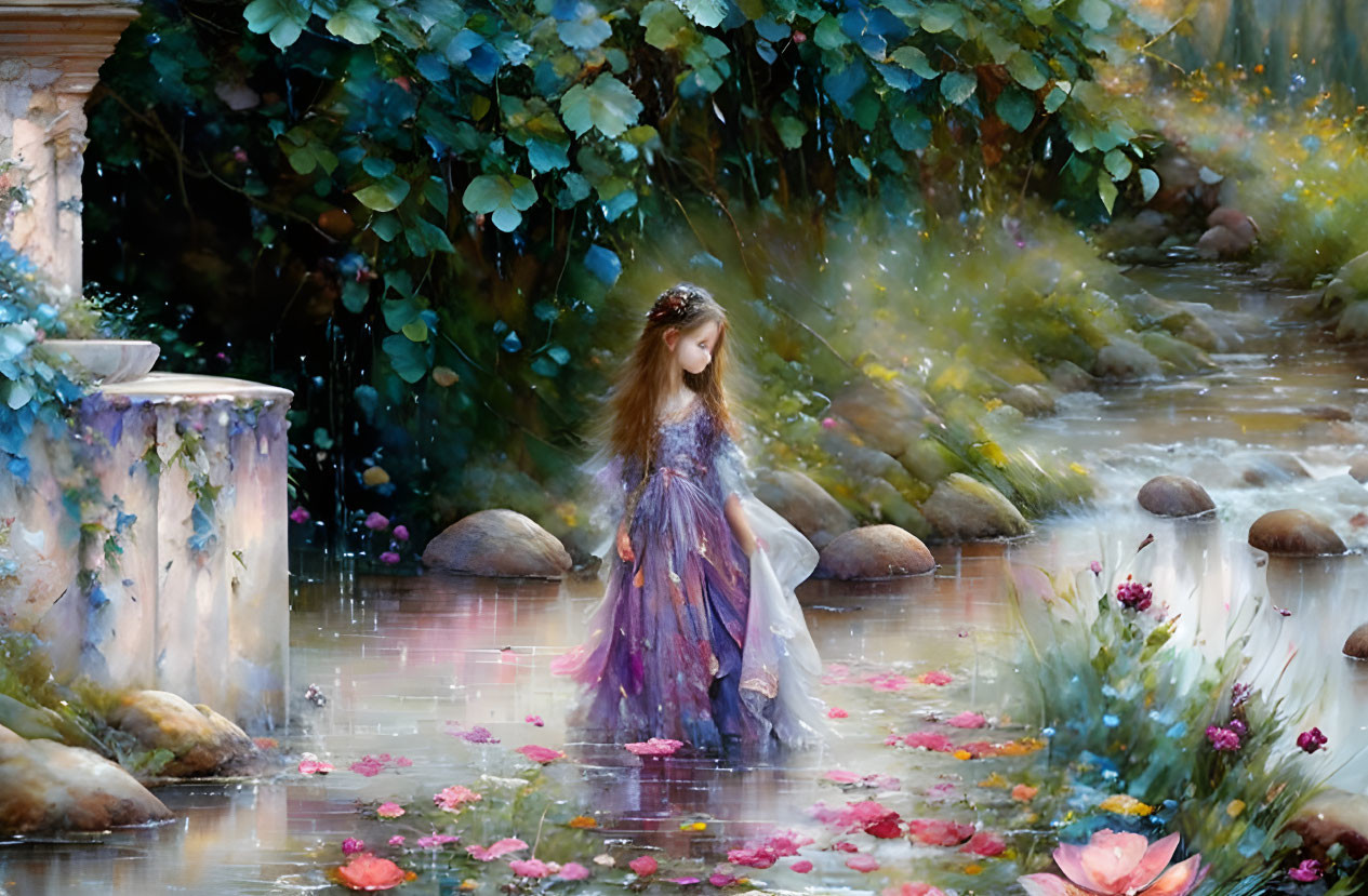 Young girl in purple dress walking through flower-strewn stream surrounded by ancient columns and lush foliage