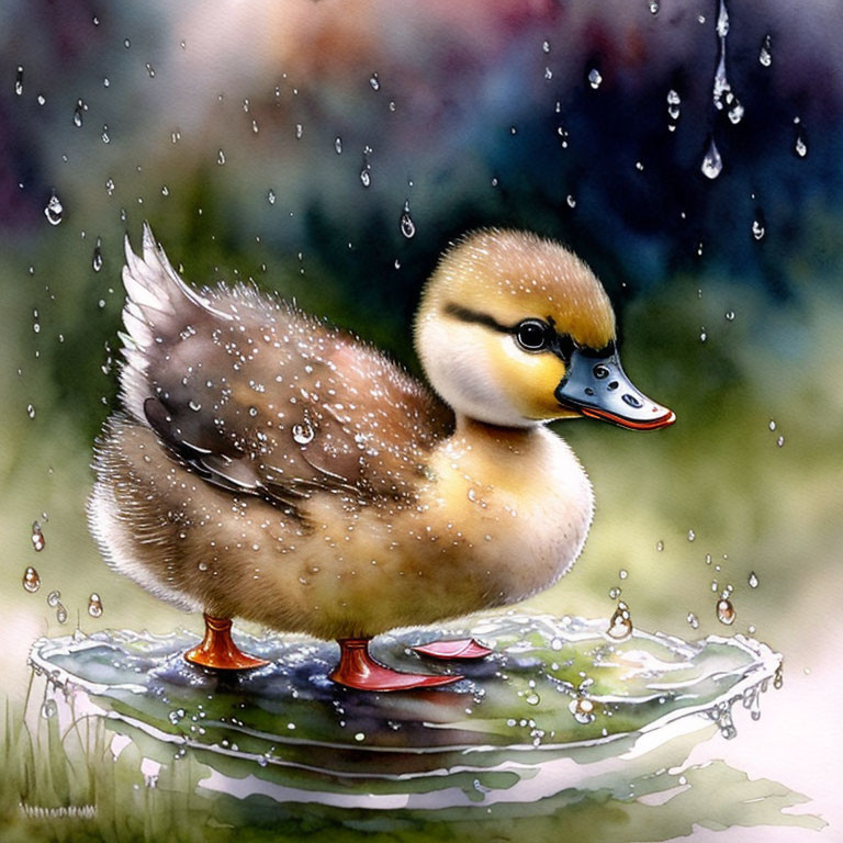 Vibrant duckling on leaf in rain with floral background