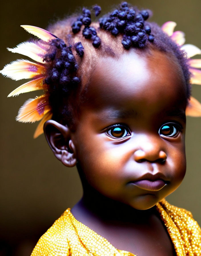 Toddler with Big Brown Eyes and Yellow Petal-like Hair Accessories