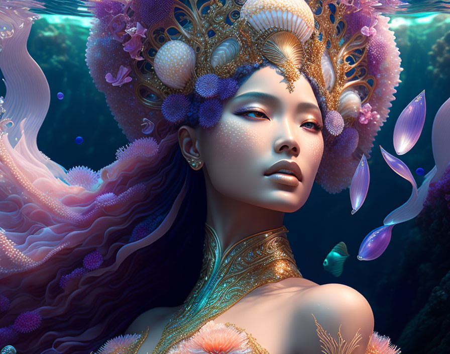 Fantastical image of woman with marine-themed headgear in underwater scene