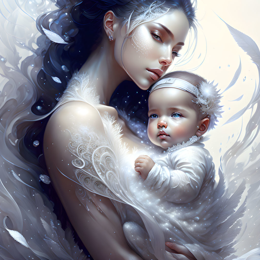 Ethereal woman holding baby with feather-like decorations