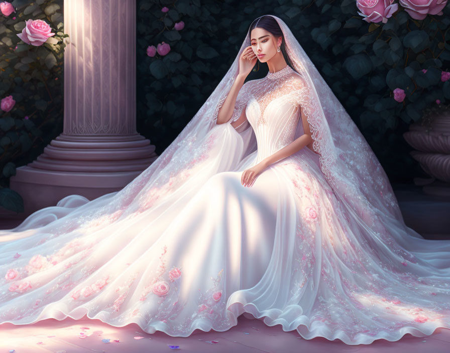 Illustrated bride in lace wedding gown with pink roses on steps