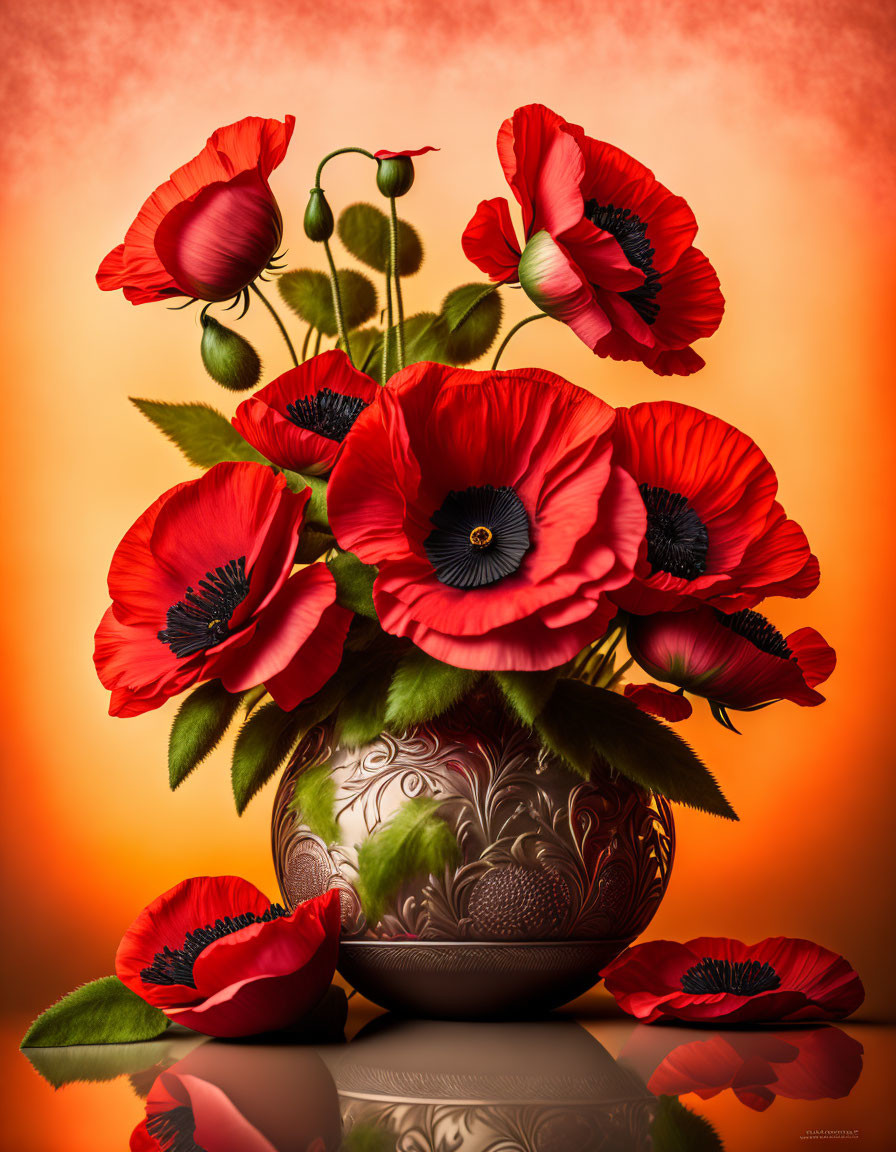 Vibrant red poppies bouquet in ornate vase on warm backdrop