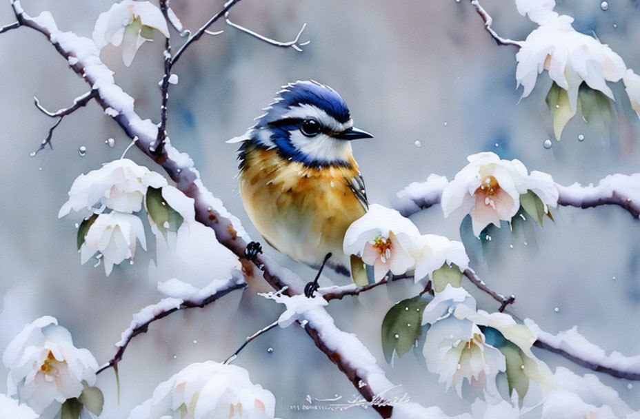 Colorful Bird Perched on Snow-Covered Branch with White Flowers