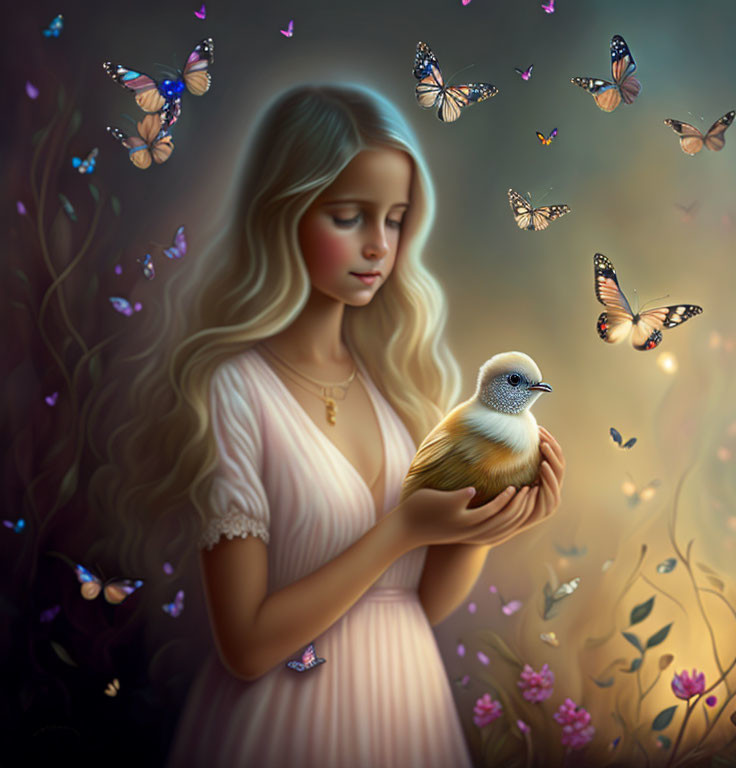 Girl with Long Wavy Hair Holding Bird in Magical Nature Scene